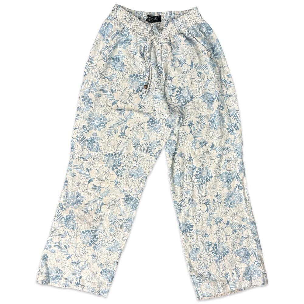 Beau Dawson Blue White Floral Linen Blend Wide Leg Tie Front Pants size L 10 12